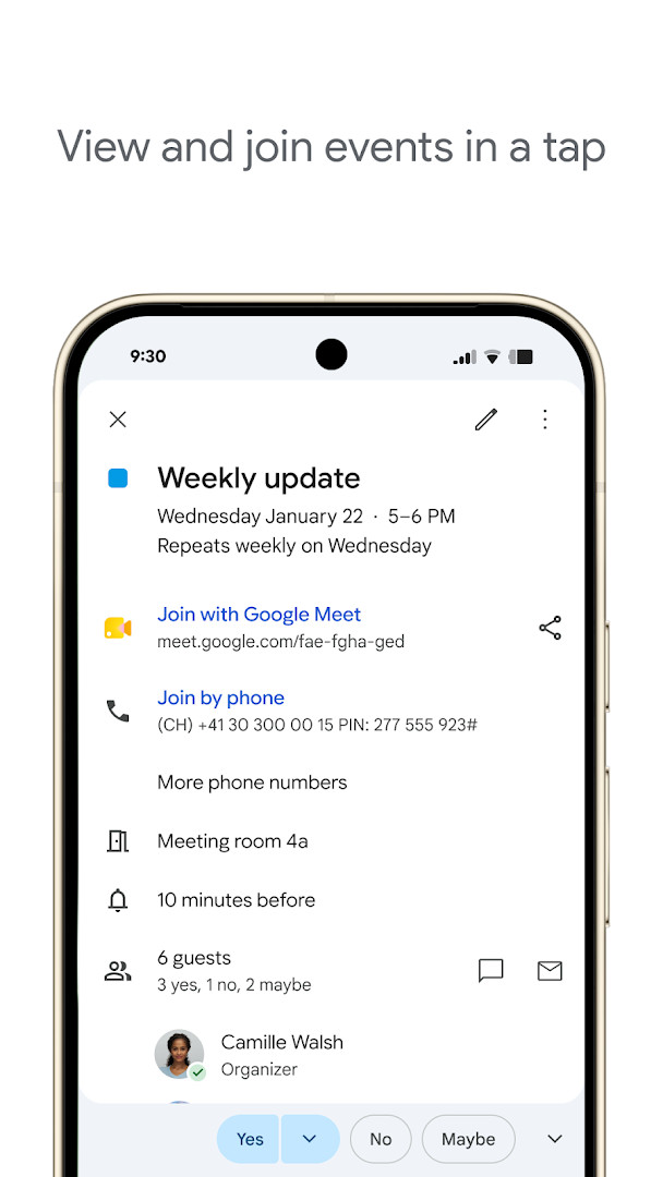 Day view displaying hourly schedule and meetings