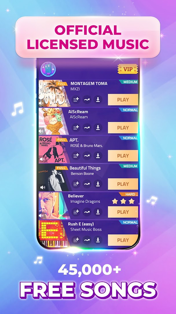 Piano tiles falling down a lane while the player taps black keys to the beat