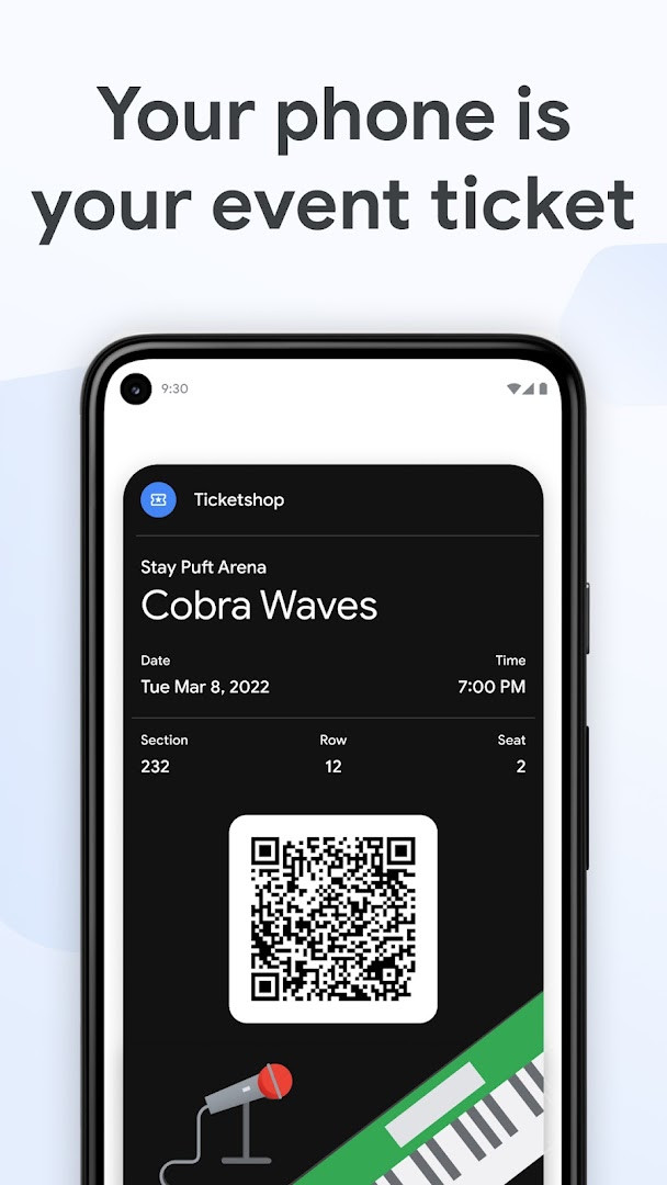 Google Wallet displaying event tickets and updates.