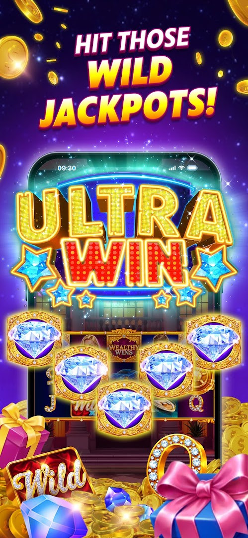 SlotomaniaTM Slots Casino Games screenshot featuring a club interface with social chat and team challenges