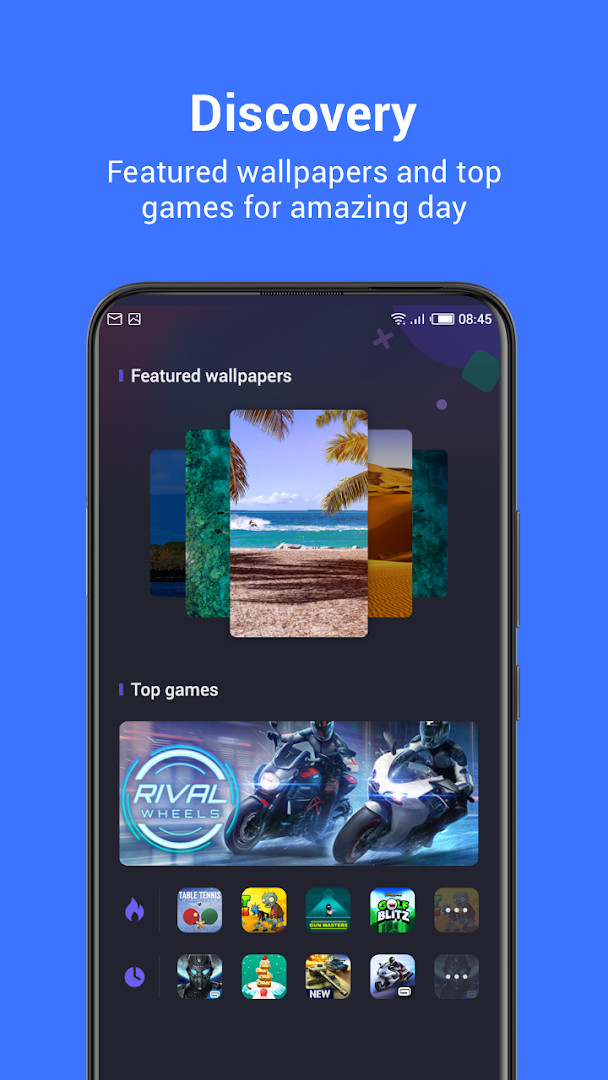 HiOS Launcher - Fast Discovery screen with featured wallpapers and top games