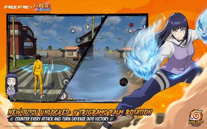 Free Fire x NARUTO SHIPPUDEN screenshot of the 8 Trigrams Palm Rotation spinning chakra defense repelling enemies