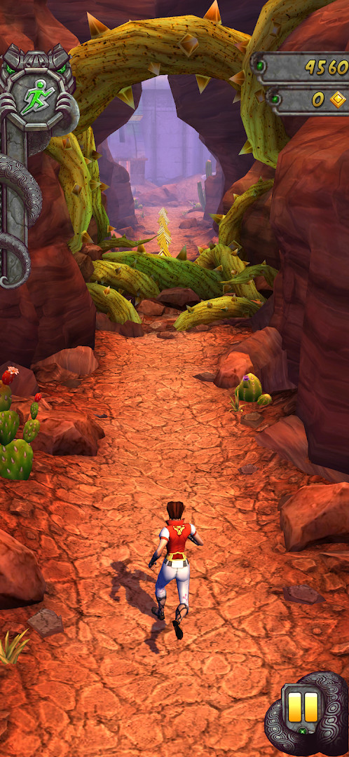 Temple Run 2 character ziplining down a cliff in a jungle setting