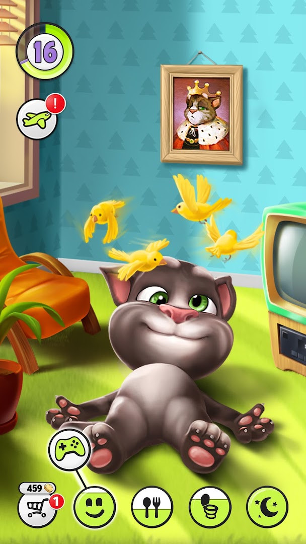 Talking Tom the cat talking with a speech bubble on screen