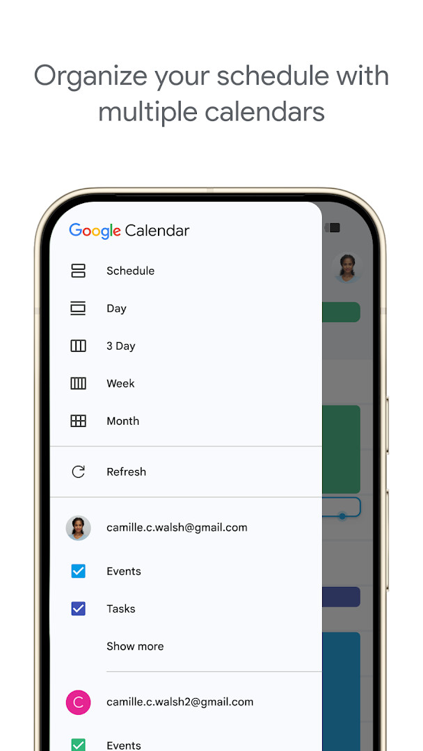 Dark mode calendar with events and agenda