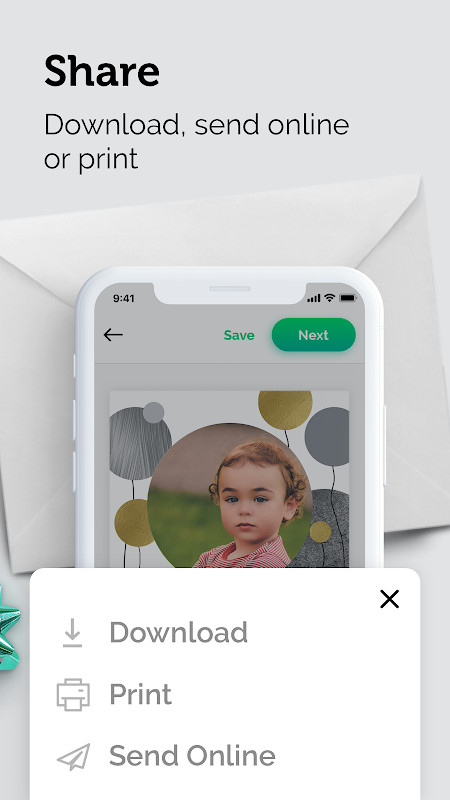 Invitation Maker: Cards & RSVP sharing screen for sending digital cards by email or social media