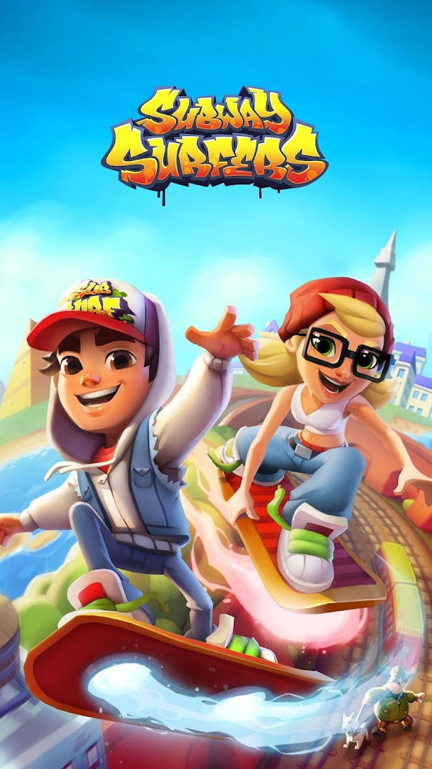 Subway Surfers main menu screen with characters and play button
