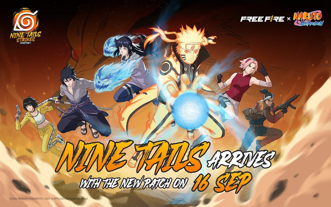 Free Fire x NARUTO SHIPPUDEN screenshot showing the Nine Tails triggering random events during the plane flight