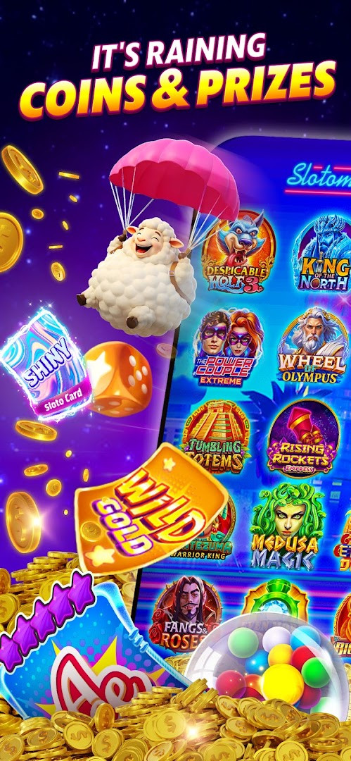 SlotomaniaTM Slots Casino Games screenshot showing a colorful slot machine with spinning reels and a win celebration