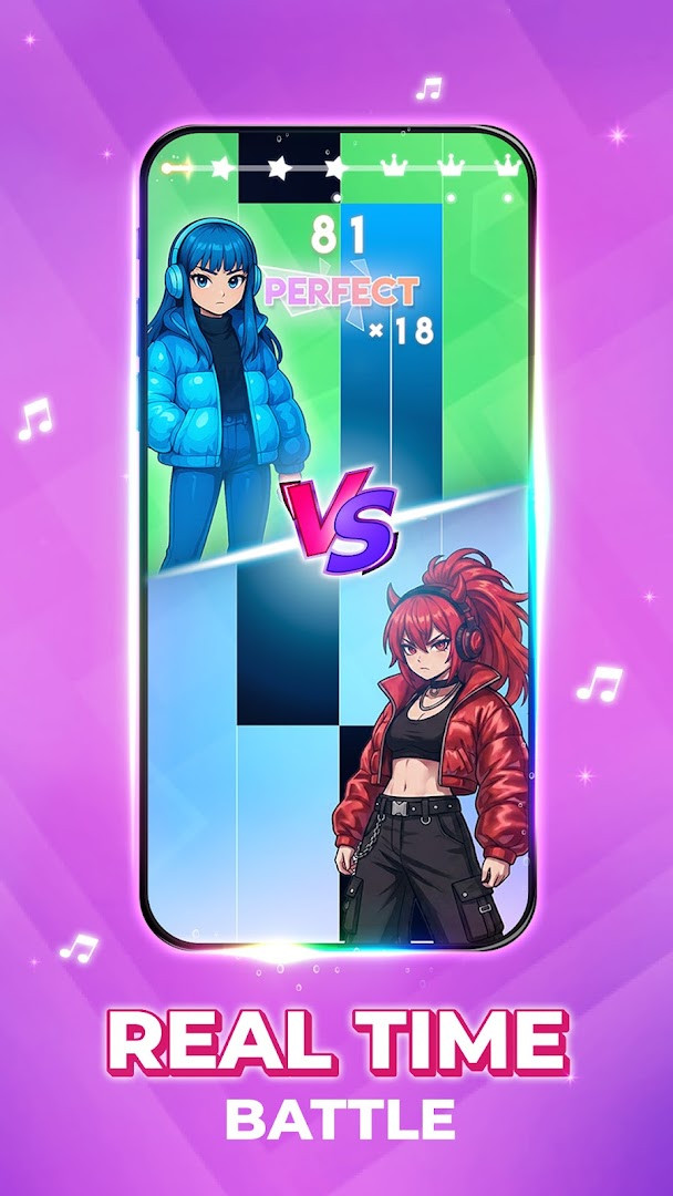 Real-time battle mode screen where two players compete on the same song
