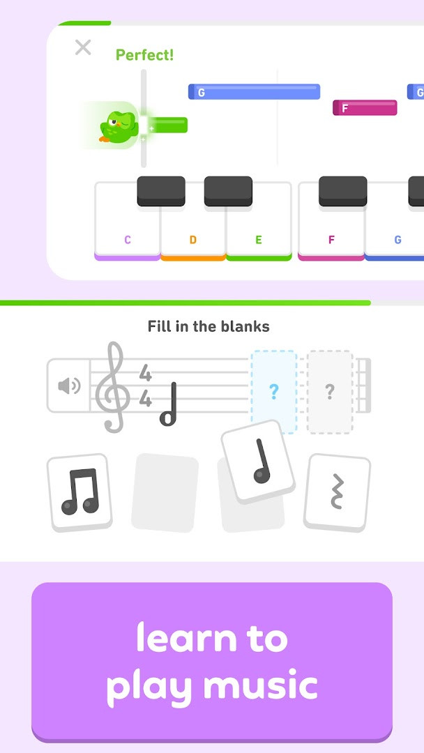 Duolingo music course using an on-screen keyboard to play popular songs