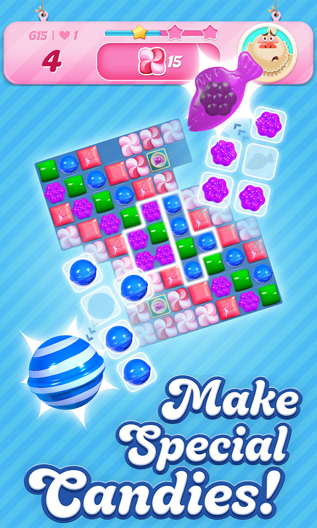 Candy Crush Saga match 3 board with colorful candies ready to swap