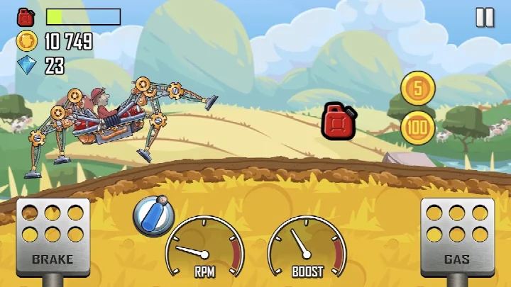 Gameplay showing a jeep driving uphill over rocky terrain with a gas meter.