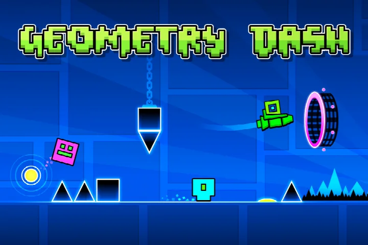 Gameplay screen showing a cube character jumping over spiky obstacles in Geometry Dash Lite