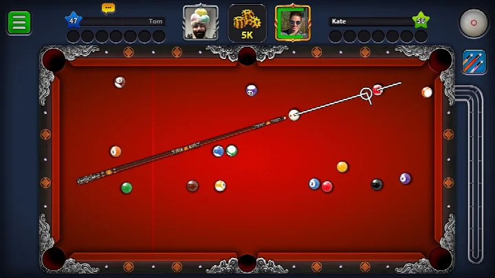 8 Ball Pool match screen with the pool table and cue aiming line