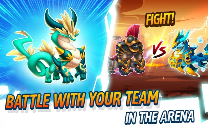 Dragon City: Mobile Adventure screenshot showing a dragon evolution from hatchling to legendary.