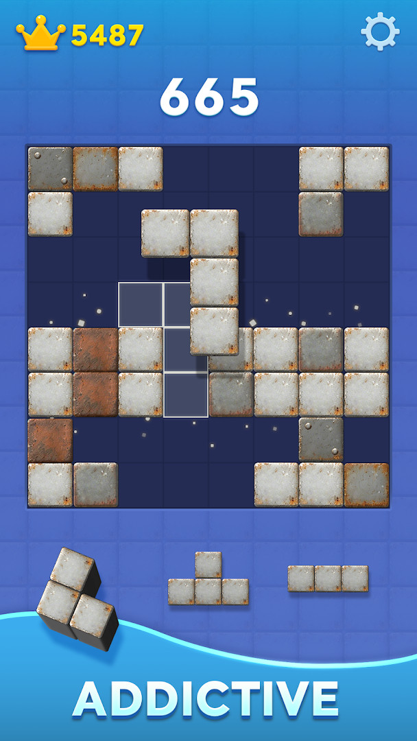 A screenshot demonstrating drag-and-drop block placement on the board with a highlighted row being cleared.