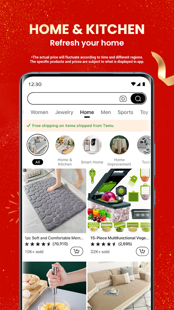 Temu app featuring home decor and handmade crafts