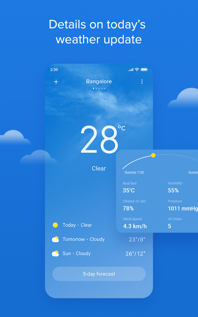 Today's weather screen showing current temperature, rain forecast, and Air Quality Index for a city