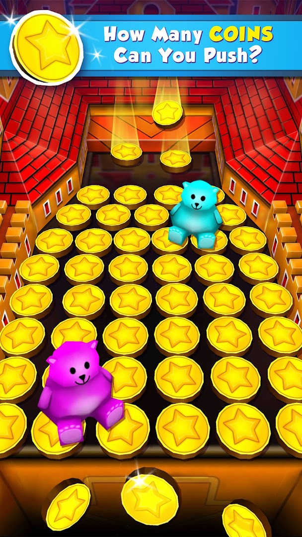 Coin Dozer - Carnival Prizes screen with a casino-style coin pusher and dropped coins
