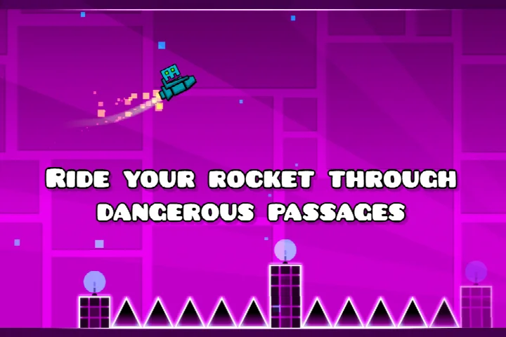 Screen displaying a rocket flying section through a narrow passage in Geometry Dash Lite