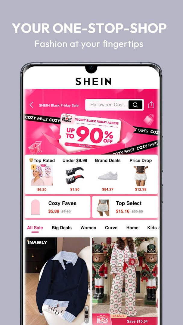 Product grid showing dresses and tops with prices and discount tags