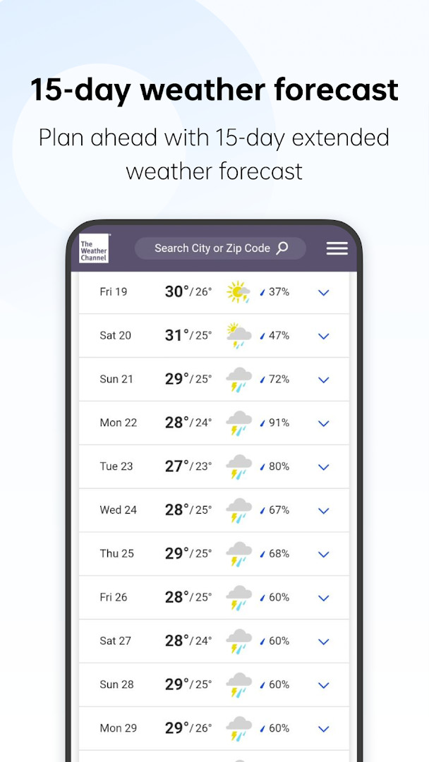 Home screen showing current temperature and conditions for a city