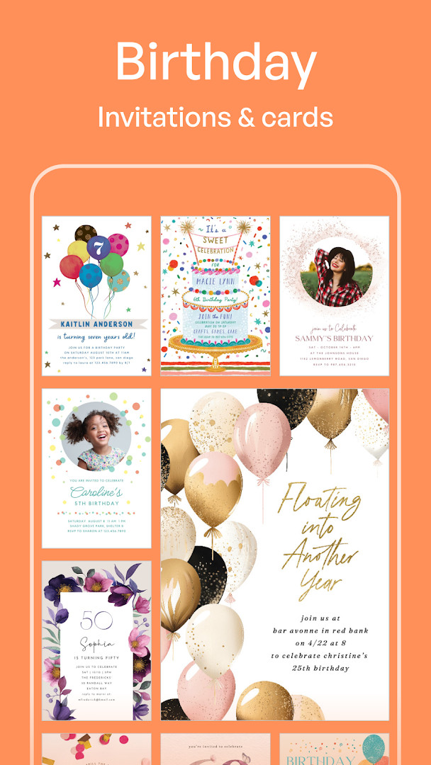 Invitation Maker: Cards & RSVP editor showing text, color, and photo customization tools