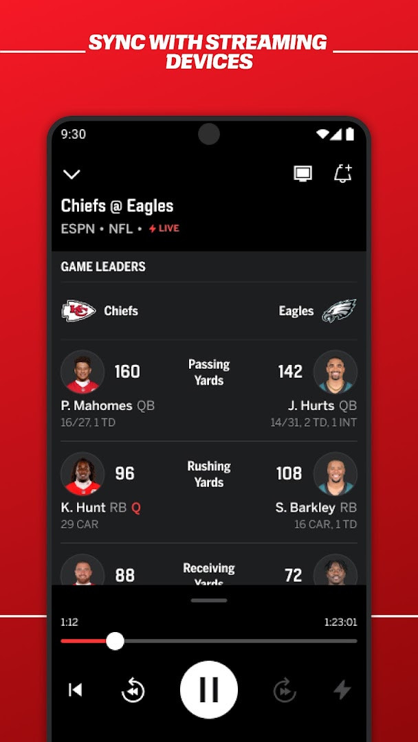 Scores tab listing NFL, NBA, MLB, and NHL game updates
