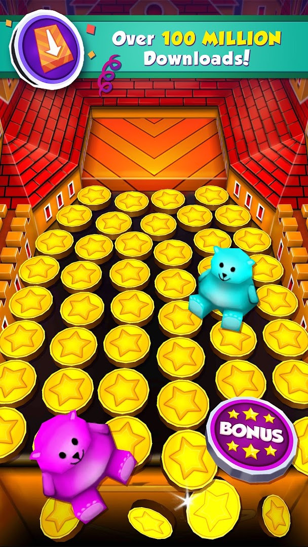 Coin Dozer - Carnival Prizes gameplay showing coins pushing prizes forward on the platform