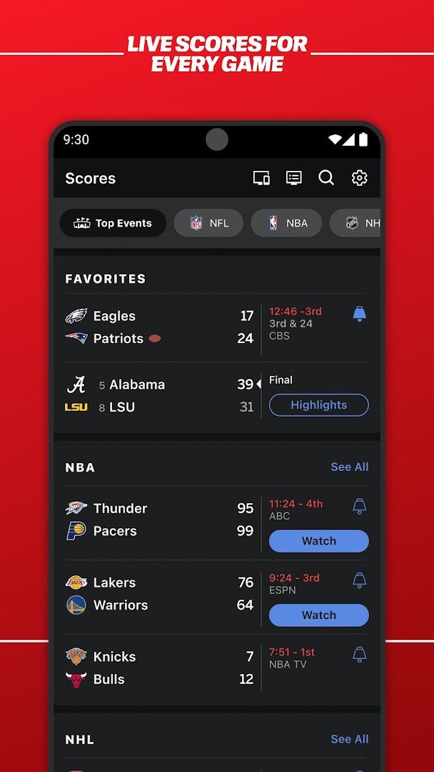 Podcast and radio player screen with ESPN audio content