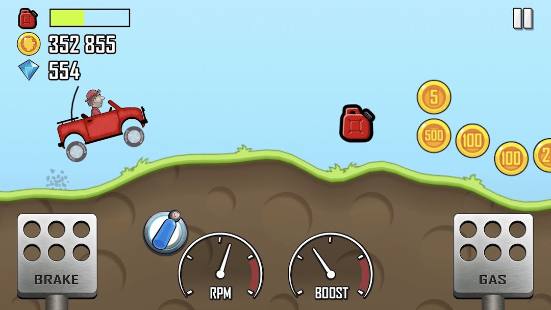 Title screen with the Hill Climb Racing logo and a car perched on a hilltop.