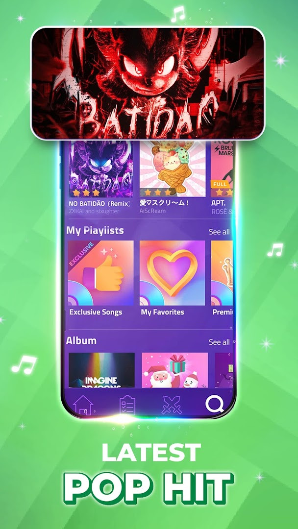 Song selection screen showing pop, EDM, disco, violin and hip-hop categories