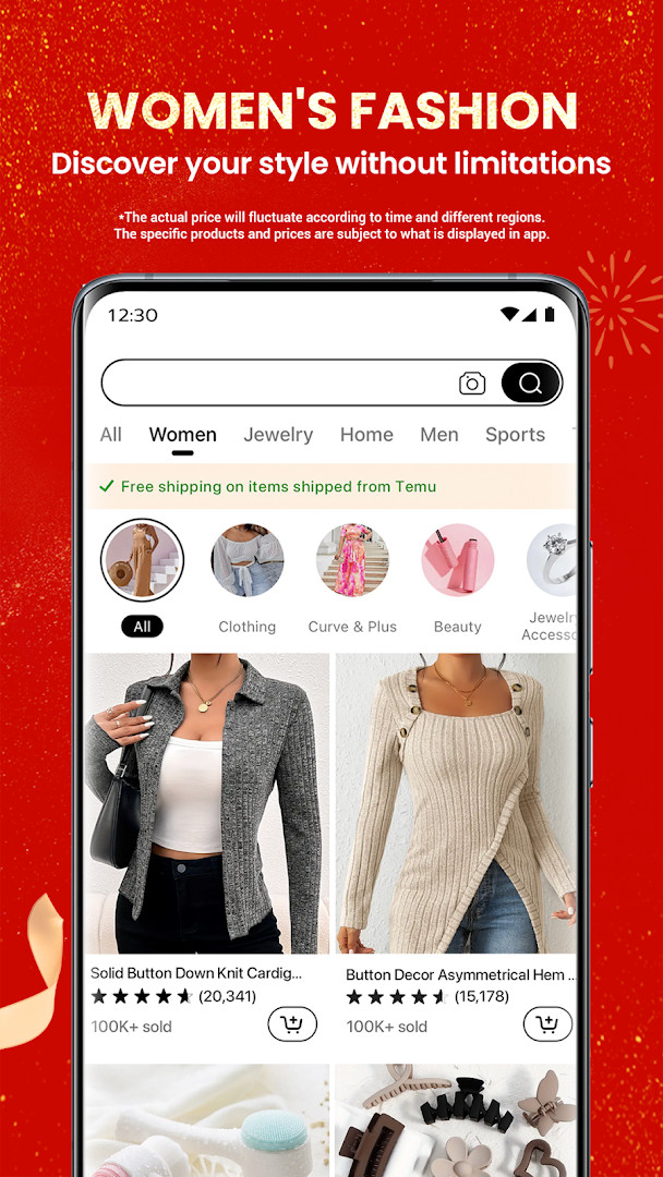 Temu app displaying fashion and clothing categories
