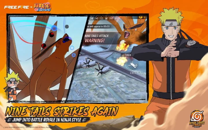 Free Fire x NARUTO SHIPPUDEN screenshot displaying ninjutsu scrolls like Fireball Jutsu and Rasengan