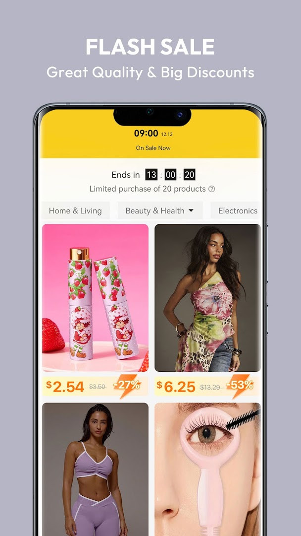 Flash sale page with countdown timer and items up to 90% off