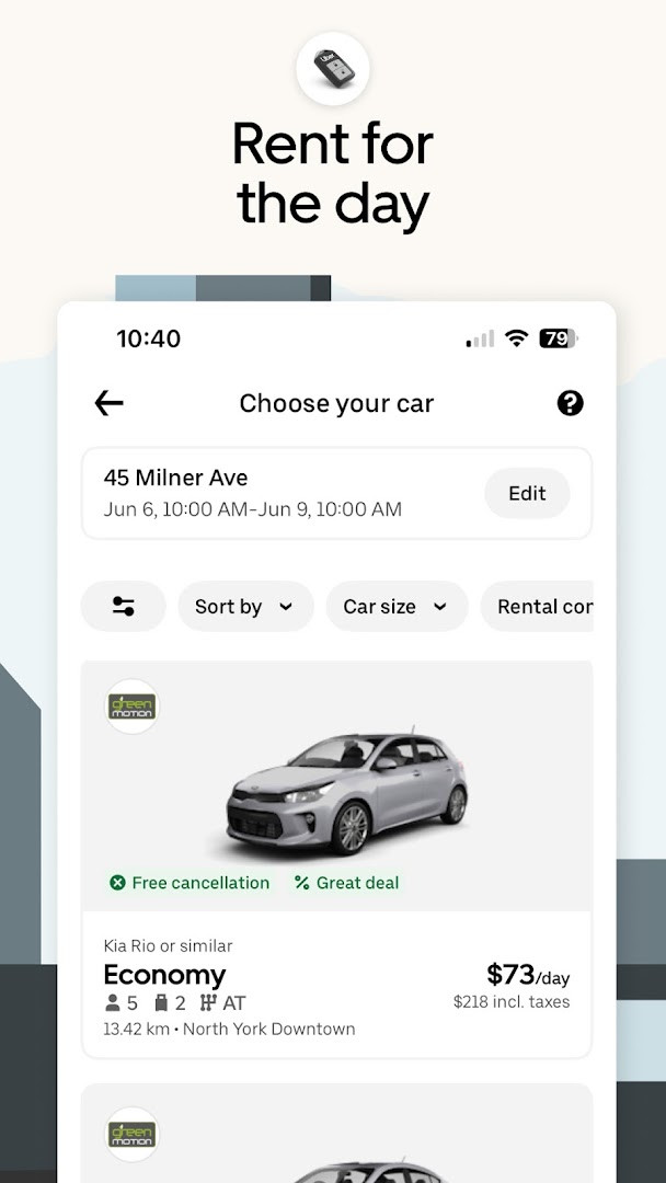 Uber app screen with eco-friendly electric and hybrid vehicle choices