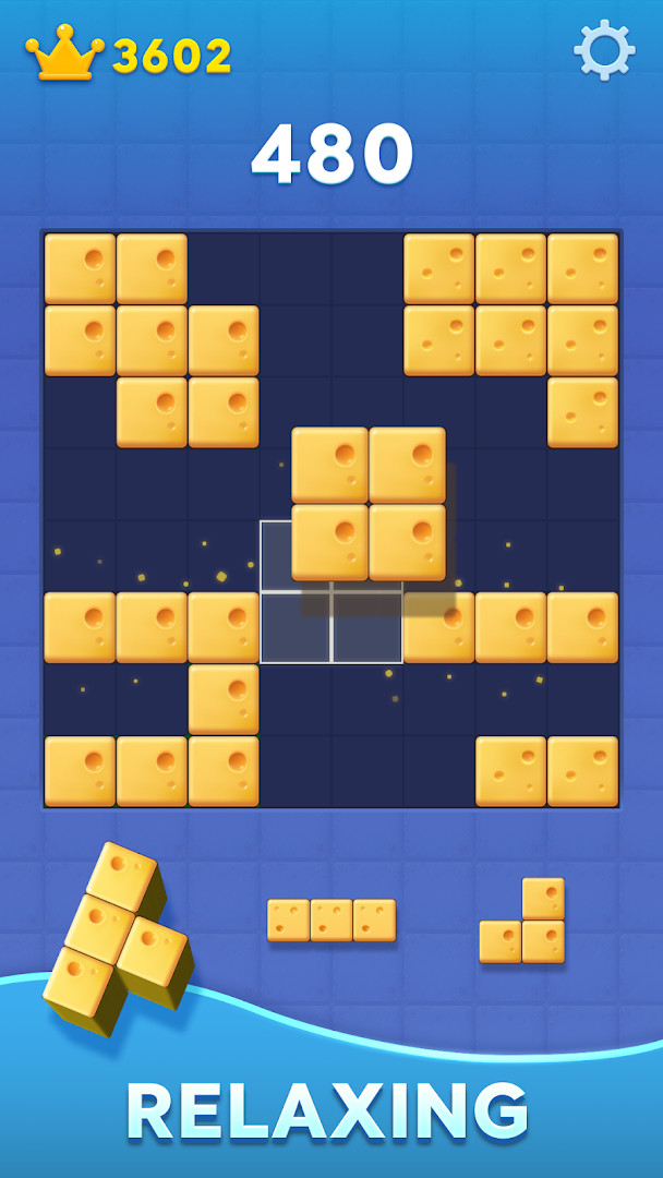 A screenshot of the 8x8 block puzzle board with colorful blocks and a score display at the top.