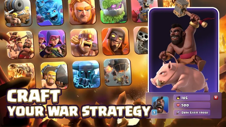 Clash of Clans army selection with troops, spells, and heroes like Barbarian King