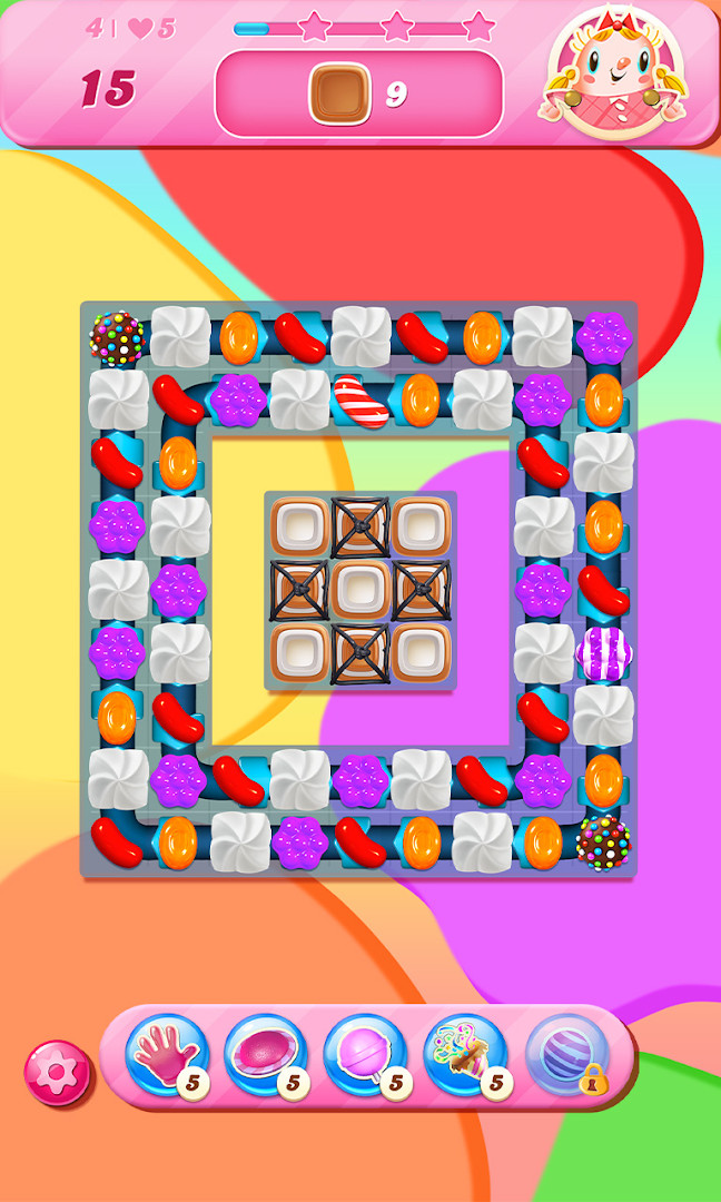Candy Crush Saga Rainbow Rapids challenge with flowing candy obstacles