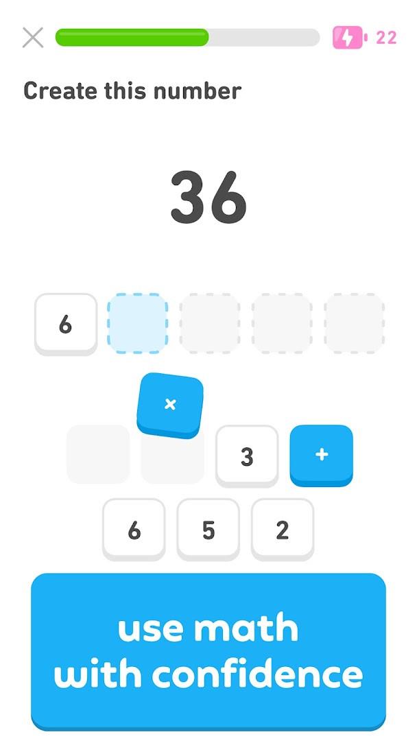 Duolingo math course with multiplication and pattern games for mental practice