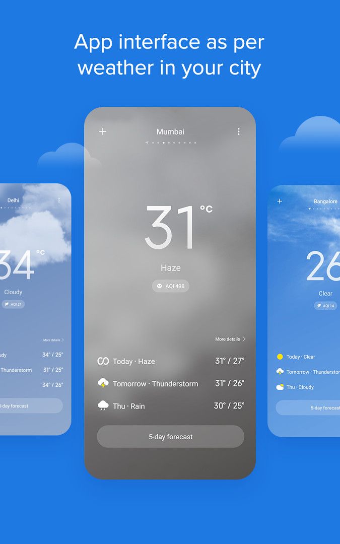 5-day forecast screen listing daily minimum and maximum temperatures, wind, and rain