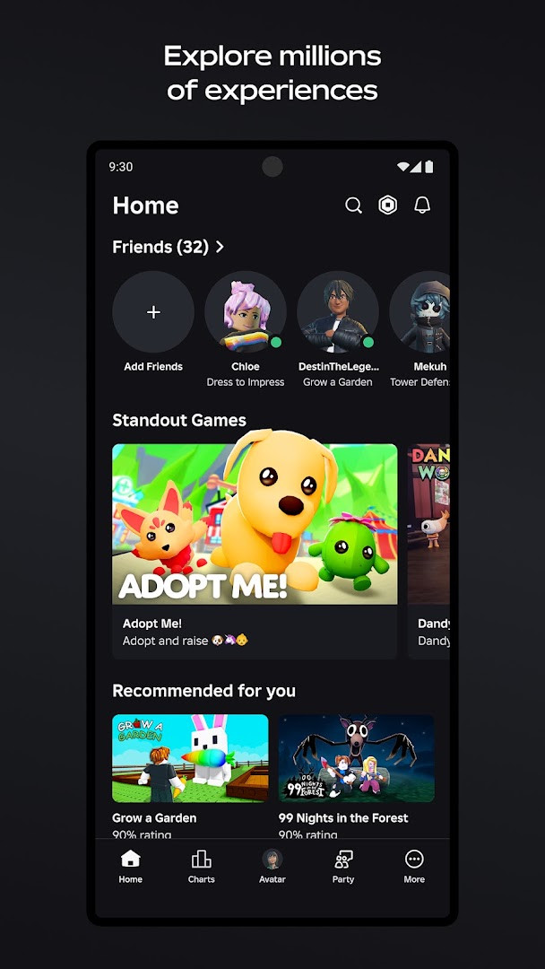 Home screen showing a grid of trending games and new experiences to discover