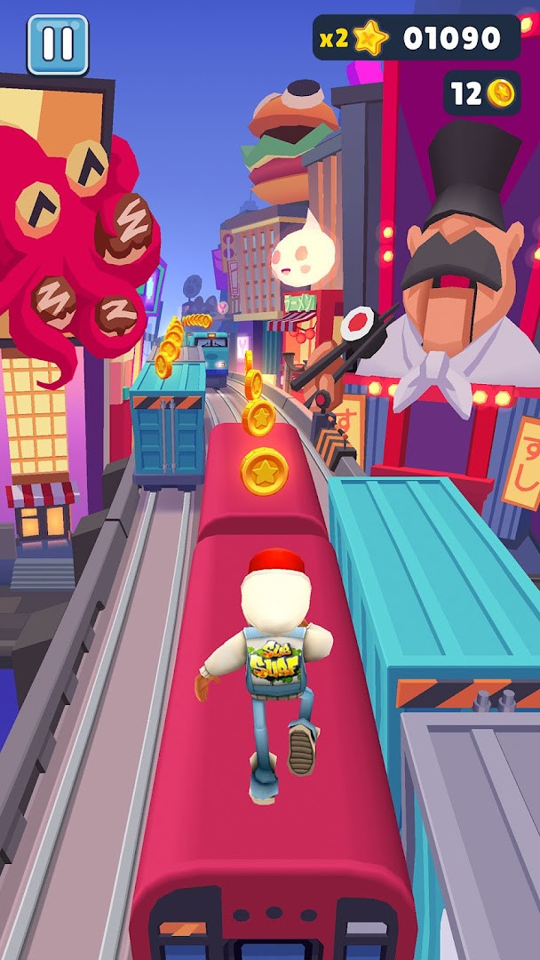 Subway Surfers gameplay showing a character dodging an oncoming train