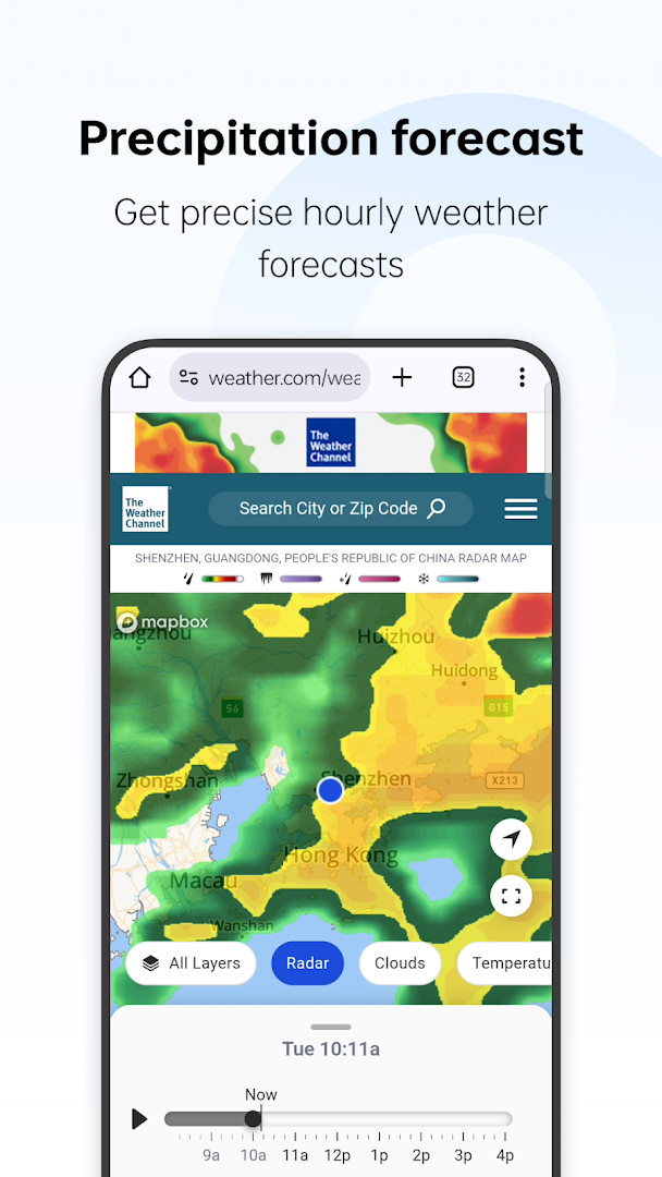 Hour-by-hour forecast with precipitation and air quality details