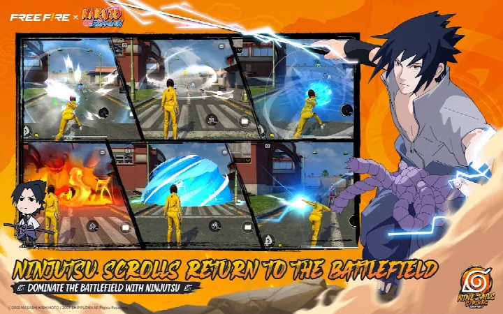 Free Fire x NARUTO SHIPPUDEN screenshot showing players defending against the Nine Tails with ninja allies