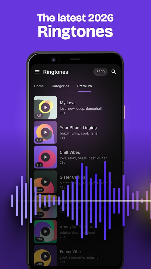 Zedge ringtone preview screen with audio waveform.