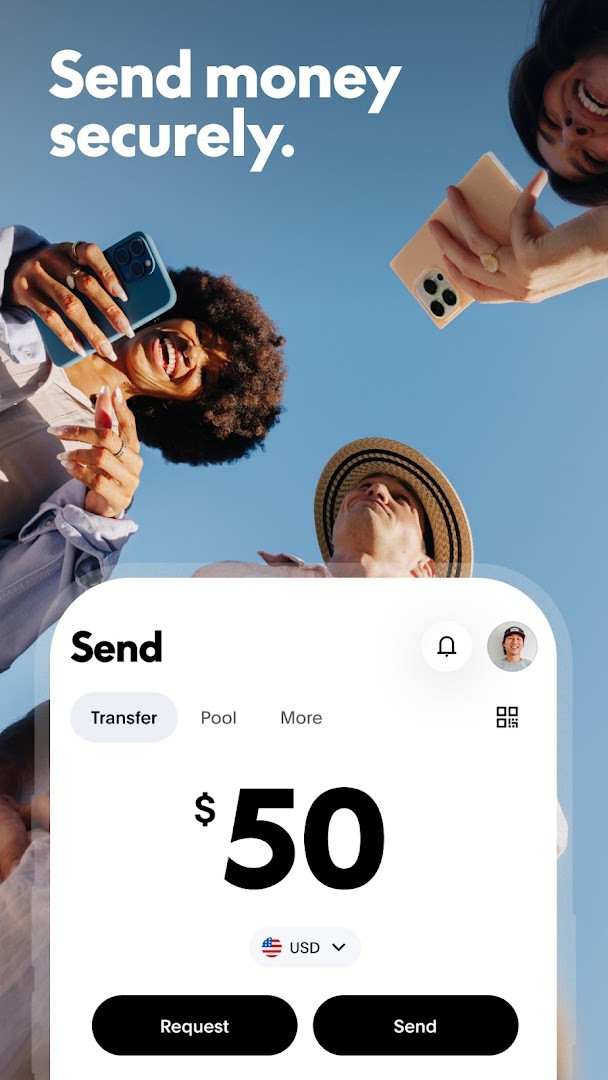 PayPal send and request money screen for transfers within the US and abroad