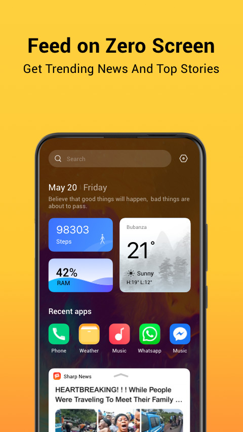 HiOS Launcher - Fast Zero Screen showing trending news and games feed