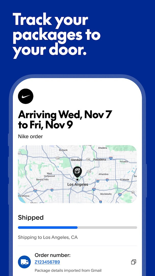 PayPal package tracking screen with linked Gmail or Outlook orders